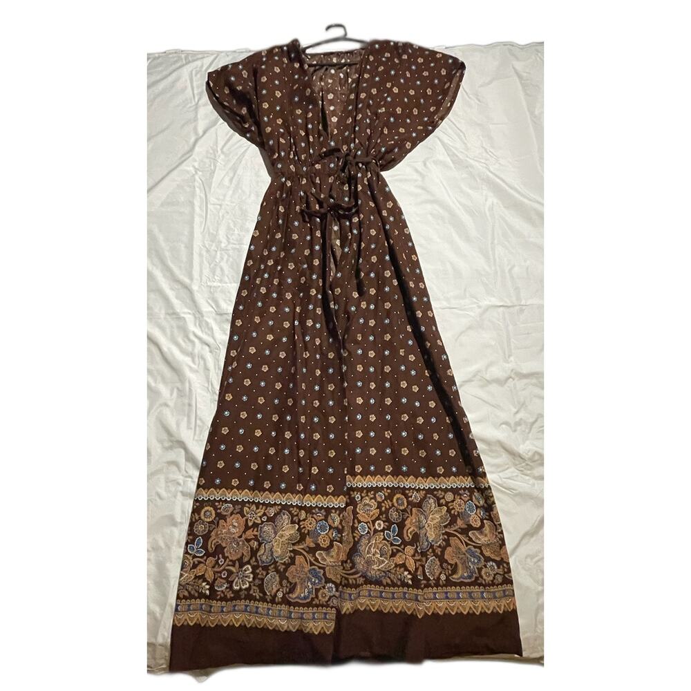 Brown Floral Maxi Dress with Tie Waist